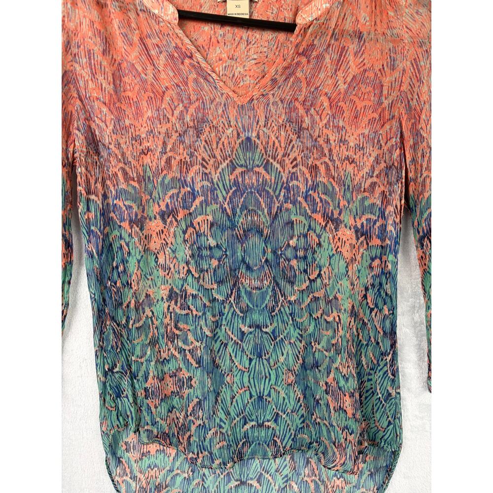 Lucky Brand Sheer Peacock Print Blouse | Boho Sheer Tunic Top | XS - Picture 5 of 7
